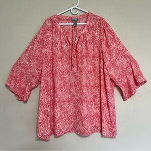 Catherines Top Women’s Size 4X Coral White Boho Peasant Blouse 3/4 Sleeve